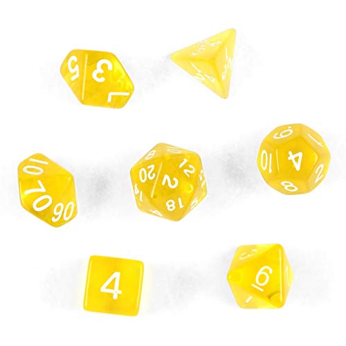 shibby Juego de 7 Dados poliedricos para Juegos de rol y Mesa en Color Transparente y Amarillo con Bolsa 60015382