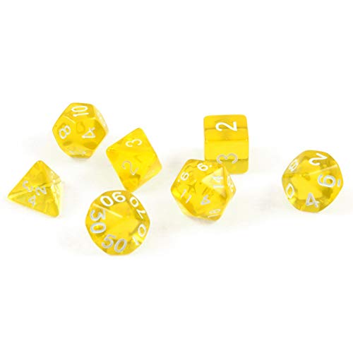 shibby Juego de 7 Dados poliedricos para Juegos de rol y Mesa en Color Transparente y Amarillo con Bolsa 60015382