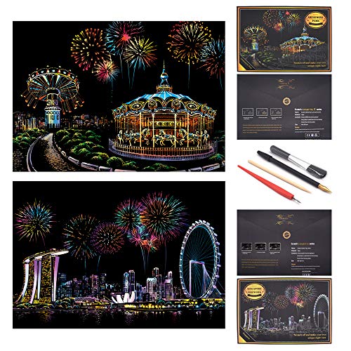 SiYear Boceto Scratch Paper Rainbow Painting, City Series Night Scene, Scratch Painting Creative Gift, Scratchboard Art para Adultos y niños, con 4 Herramientas (Parque de Atracciones + Singapur)