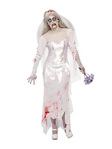Smiffys-23295M Halloween Disfraz de novia zombi hasta que la muerte nos separe, con vestido, velo y ramo, Blanco, M