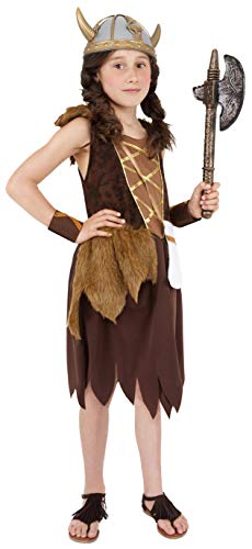 Smiffy'S 38650M Disfraz De Chica Vikinga Con Vestido Y Muñequeras, Marrón, M - Edad 7-9 Años
