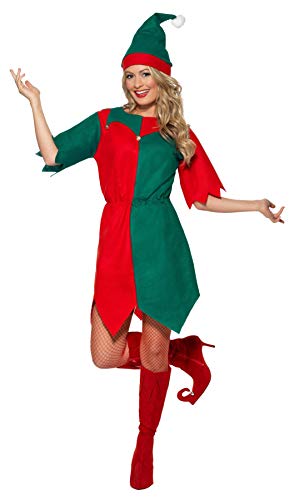 Smiffys Disfraz de elfa con gorro y túnica, Rojo y verde, Small