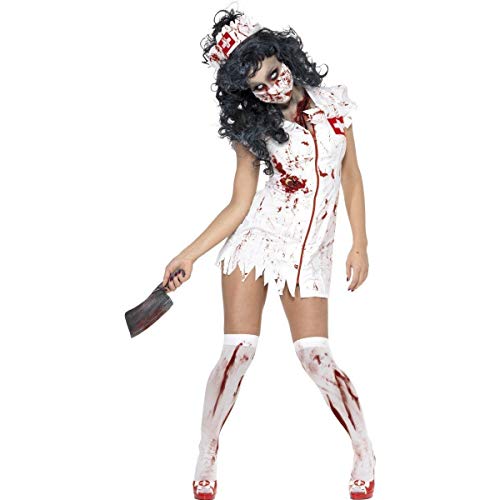 Smiffys- Halloween Disfraz de Enfermera Zombi, con Vestido, mascarilla y Adorno para la Cabeza, Color Blanco, S - EU Tamaño 36-38 (Smiffy'S 34132S)