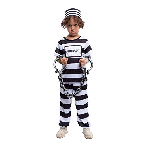 Spooktacular Creations Prisoner Jail Halloween Costume with Tattoo Sleeve and Toy Handcuffs for Kids (Medium ( 8- 10 yrs))