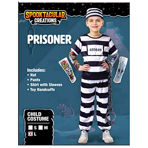 Spooktacular Creations Prisoner Jail Halloween Costume with Tattoo Sleeve and Toy Handcuffs for Kids (Medium ( 8- 10 yrs))