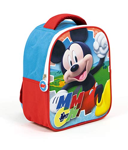 Superdiver Mochila infantil de Mickey Mouse Licencia Oficial Disney para el colegio y la guardería - 24cm - color azul y rojo - con asas acolchadas - Ideal para niños y niñas