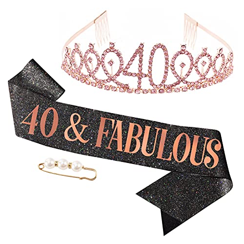 tao pipe 40años Corona Cumpleaños Cinturón de Cumpleaños Mujeres Tiara Corona de Diamantes de Imitación por 40 años de Decoración de Aniversario(Oro rosa)