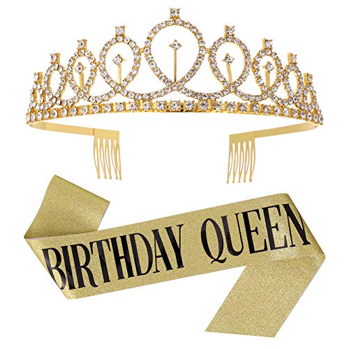 tao pipe Corona Cumpleaños Cinturón de Cumpleaños"Birthday Queen"Tiara Corona de Diamantes de Imitación Decoración de Fiesta de Cumpleaños de Niña Regalo de Cumpleaños(Oro)