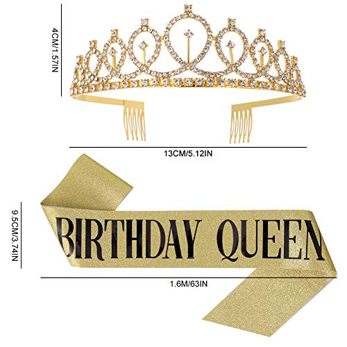 tao pipe Corona Cumpleaños Cinturón de Cumpleaños"Birthday Queen"Tiara Corona de Diamantes de Imitación Decoración de Fiesta de Cumpleaños de Niña Regalo de Cumpleaños(Oro)