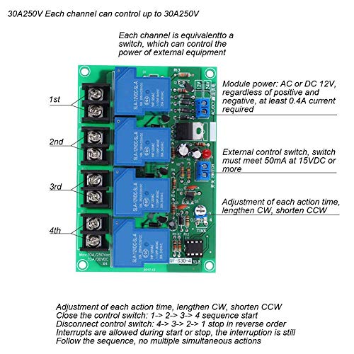 Tarjeta de Secuencia de Tiempo de Alimentación de 4 Canales Módulo de Controlador Secuencial Ajustable de Alta Corriente de Doble Panel 30A 0.5-4s