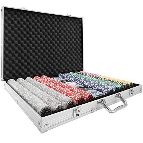 TecTake 402561 Maletín de Póker Aluminio con Fichas Láser Poker Chips, 1.000 Pieza, Incl. 5 Dados + 2 Barajas de Cartas + 1 Ficha de Dealer, Plateado