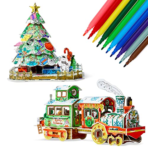THE TWIDDLERS - Rompecabezas 3D de Tren y Árbol de Navidad/ Divertido para Todas Las Edades, Maqueta Tren de Navidad/ Incluye Bolígrafos para Colorear