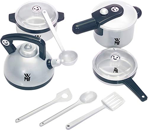 Theo Klein 9430 Set de ollas y utensilios de cocina WMF - Set de 9 piezas con el diseño de WMF - Con utensilios de cocina y cubiertos - Para niños a partir de 3 años
