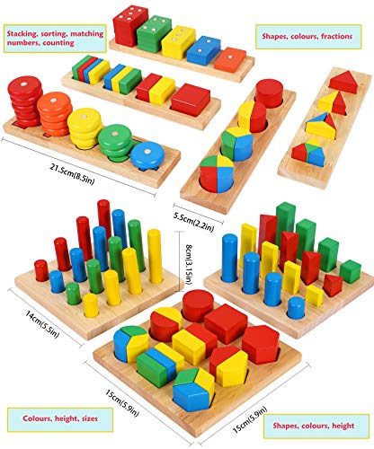 TOWO Figuras geométricas de Madera y Formas de Fracciones - Juego de Figuras para Aprender matemáticas, Aprender Colores y Formas - Juguete Educativo de Madera para niños - Material Montessori