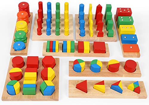 TOWO Figuras geométricas de Madera y Formas de Fracciones - Juego de Figuras para Aprender matemáticas, Aprender Colores y Formas - Juguete Educativo de Madera para niños - Material Montessori