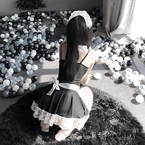 Traje de criada de anime japonés clásico Lolita delantal vestido de criada Cosplay lencería sexy lindo, negro, Talla única