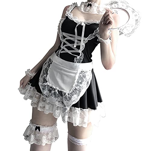 Traje de criada de anime japonés clásico Lolita delantal vestido de criada Cosplay lencería sexy lindo, negro, Talla única