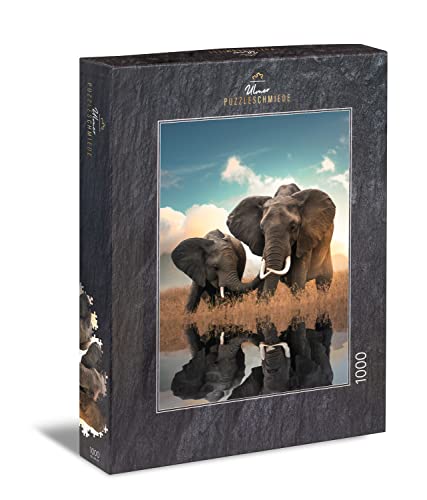 Ulmer Puzzleschmiede - Puzzle "Father & Son" – Clásico puzle de elefante de 1000 piezas – simpático diseño de elefantes africanos en el agua – Animales y niños como puzle fabricado en Alemania