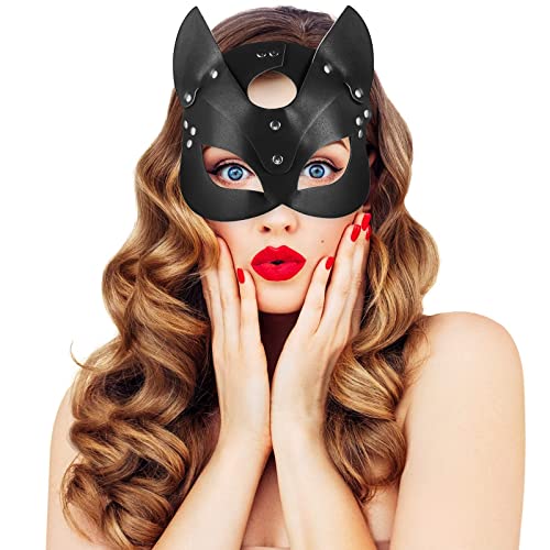 UNOLIGA Halloween Catwoman Máscara, Antifaz Sexy para Mujer Adultos, Máscara Veneciana Antifaz Carnaval, Máscara de Cuero PU Negro, Mascaras de Gato para Fiesta de Navidad (Versión Mejorada)