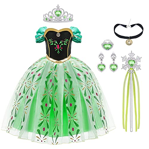 URAQT Niña Princesa Coronación Vestido, Disfraz de Elsa Anna con Varita Corona Accesorios, Vestido de Cosplay, Cumpleaños Fiesta Cosplay Carnaval Cosplay Halloween Traje, Talla 7-8 años, Verde