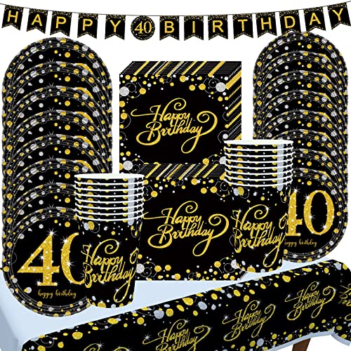 Vajilla Platos de Fiesta de Cumpleaños 40 Años, 16 Invitados Juego Platos Desechables Elegantes Oro Negro con Vasos, Servilletas, Mantel y Guirnalda Feliz Cumpleaños 40 para Fiestas Decoración Adultos