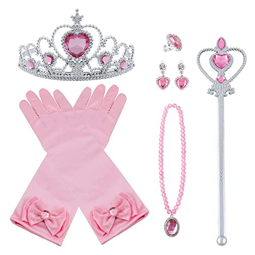 Vicloon 9Pcs Princesa Vestir Accesorios Regalo Conjunto de Belleza Corona Sceptre Collar Guantes para Niña - Rosado