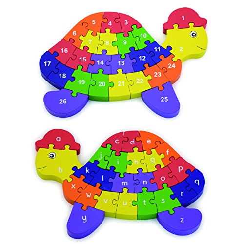 VIGA - Rompecabezas 3D con Forma de Tortuga - 2 en 1: abecedario y números - Madera
