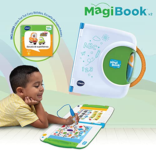 VTech- Magibook v2, Sistema de Aprendizaje Interactivo para niños +2 años, Incluye Libro Cory Bólidos + Otro de Muestra, versión ESP, Color Blanco/Verde (3480-613122)