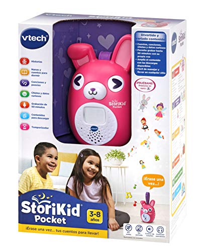 VTech StoriKid Pocket, cuentacuentos portátil para acompañar al bebé en Cualquier Lugar, Juguete +6 Meses, Graba Tus Propios Cuentos, Temporizador, Versión ESP, Color Rosa (3480-613757)