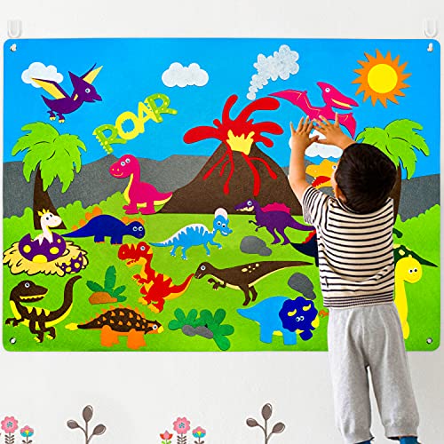 WATINC 3.5Ft 37Pcs Preschool Dinosaur Storytelling Flannel Board Dino Animals World Kit de Juego de Aprendizaje temprano Juguetes didácticos Colgantes Regalo de cumpleaños para niños pequeños