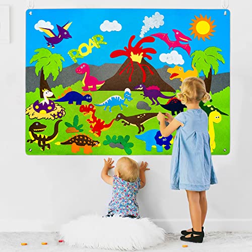 WATINC 3.5Ft 37Pcs Preschool Dinosaur Storytelling Flannel Board Dino Animals World Kit de Juego de Aprendizaje temprano Juguetes didácticos Colgantes Regalo de cumpleaños para niños pequeños