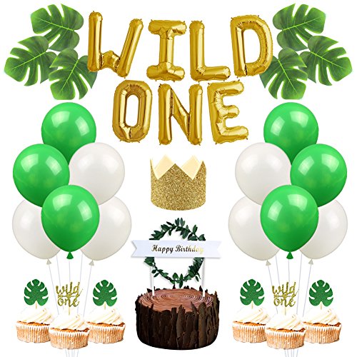 Wild One Birthday Decoraciones Decoraciones de primer cumpleaños con globos salvajes One Gold Glitter Birthday Hat Palm Leaves Wild One Cupcake Toppers