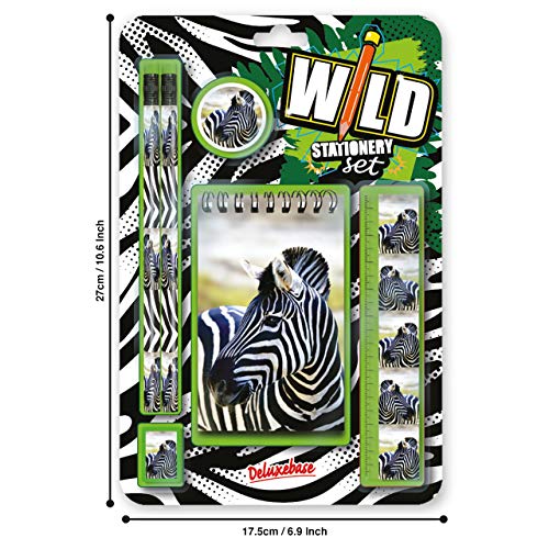 Wild Stationery Set -Cebra de Deluxebase. Este divertido set de papelería para chicas y chicos incluye 2 lápices, goma de borrar, sacapuntas, regla y cuaderno