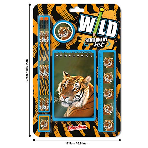 Wild Stationery Set -Tigre de Deluxebase. Este molón set de papelería para chicos incluye 2 lápices, goma de borrar, sacapuntas, regla y cuaderno