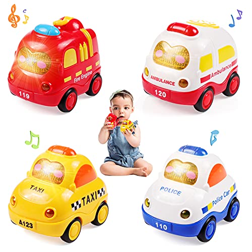 WolinTek 4PCS Coches de Juguete con Luces y Sonidos para niños,uguetes de Coche accionados por fricción por inercia,Camiones De Juguete Regalos para bebés,Early Educational Vehicles