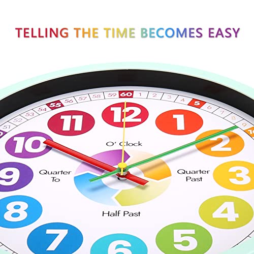 WONZOM 30 CM Reloj de Pared Educativo para enseñar el Tiempo para niños,silencioso,sin tictac,Funciona con Pilas,Aprender a Contar el Tiempo,Reloj de Pared de cristaldecorativo Colorido para niños