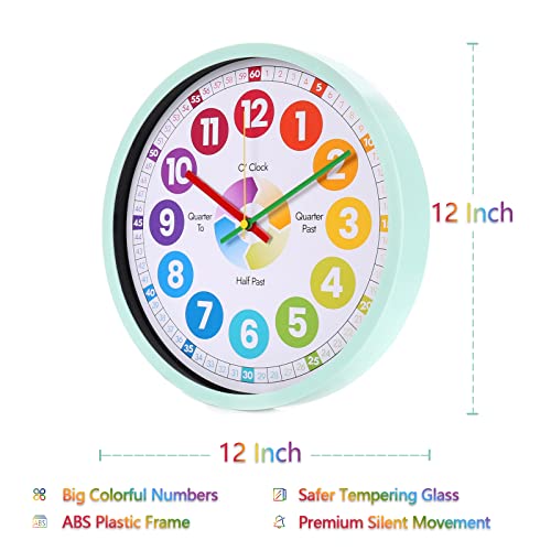 WONZOM 30 CM Reloj de Pared Educativo para enseñar el Tiempo para niños,silencioso,sin tictac,Funciona con Pilas,Aprender a Contar el Tiempo,Reloj de Pared de cristaldecorativo Colorido para niños