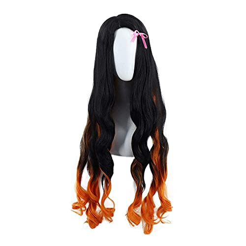 Wxypreey Anime Demon Slayer Kamado Nezuko Cosplay pelucas largo y rizado degradado negro naranja pelo sintético fiesta disfraz peluca + gorro de peluca