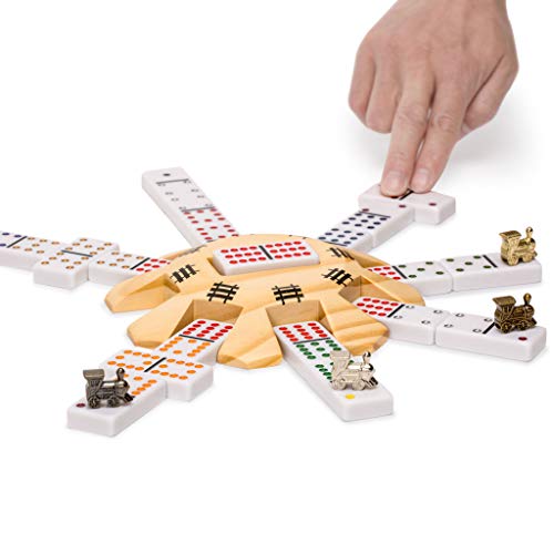 Yellow Mountain Imports Mexican Train Complete Set with Double 12 Dominoes (Pips/Dots), Wooden Hub, Die Cast Train Markers, and Scorepad…