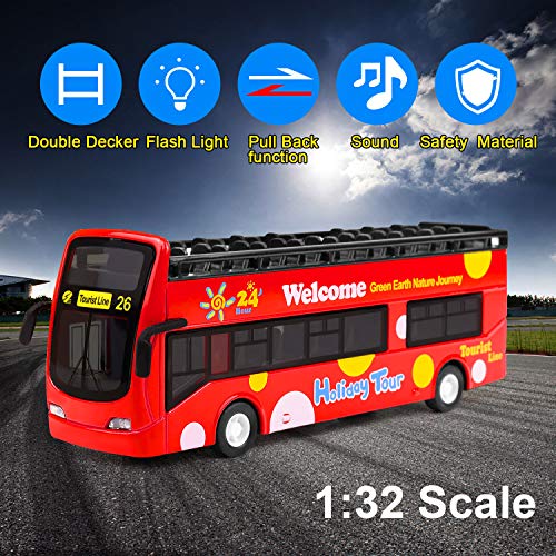 YIJIAOYUN Recorrido turístico Doble autobús Rojo de Juguete Juguete de aleación Diecast Techo Abierto Autobus Autobus Mold / 1:32 Escala Pull-Back Bus con Luces y música