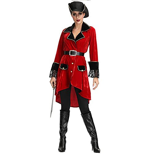 ZPPZ Disfraz Pirata Rojo Caribeño, Disfraz Pirata para Mujer con Sombrero, Vestido Niña Terciopelo para Navidad, Halloween, Festival, Baile Disfraces Red-XL