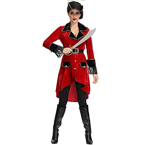 ZPPZ Disfraz Pirata Rojo Caribeño, Disfraz Pirata para Mujer con Sombrero, Vestido Niña Terciopelo para Navidad, Halloween, Festival, Baile Disfraces Red-XL