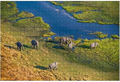 1000 piezas-Vista aérea de elefantes Delta del Okavango Botswana África Rompecabezas de madera africana DIY Niños Rompecabezas educativos Regalo de descompresión para adultos Juegos creativos Juguete