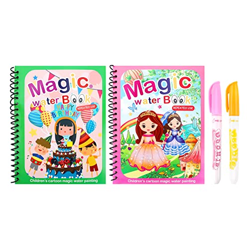 2 Piezas Libro de Dibujo de Agua Mágica Reutilizable Libro para Colorear de Agua con Magico Pluma Educativo Doodle Pintar Juguetes para Niños Pequeños Edades 3 Años +