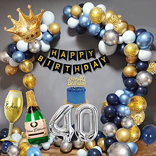 40 Años Decoracion Cumpleaños Hombres, Decoraciones Fiesta Oro Azul con 40 Globos Papel Aluminio, Pancarta Feliz Cumpleaños, Globos Cazul Marino Dorado Plateado para Cumpleaños 40 Años Hombres