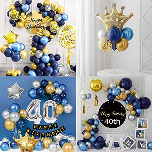 40 Años Decoracion Cumpleaños Hombres, Decoraciones Fiesta Oro Azul con 40 Globos Papel Aluminio, Pancarta Feliz Cumpleaños, Globos Cazul Marino Dorado Plateado para Cumpleaños 40 Años Hombres