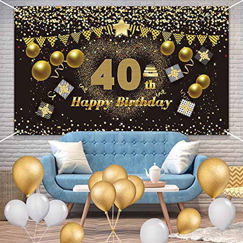 40 Años Decoración de Fiesta de Cumpleaños de Oro Negro, 40 Pancarta Feliz Cumpleaños, Fondo Foto Cumpleaños, Póster de Tela Cartel Extra Grande para Niños Niñas