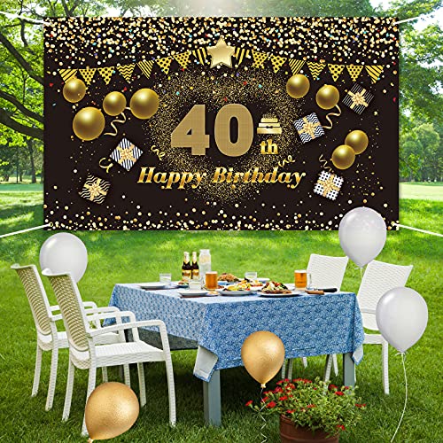 40 Años Decoración de Fiesta de Cumpleaños de Oro Negro, 40 Pancarta Feliz Cumpleaños, Fondo Foto Cumpleaños, Póster de Tela Cartel Extra Grande para Niños Niñas
