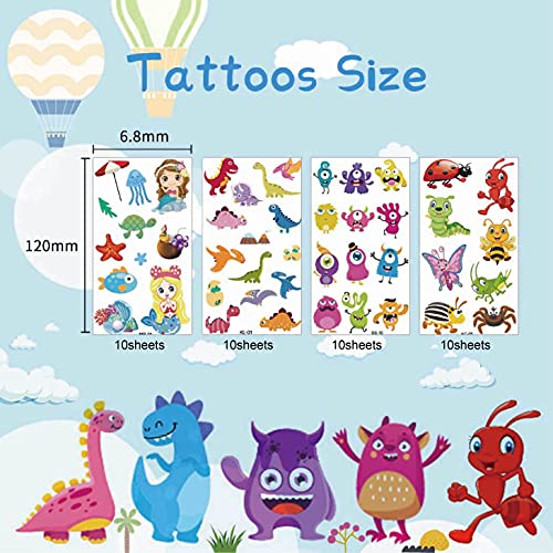 40 Hojas Tatuajes Temporales Pegatinas Para Niños Niñas Sirena, Dinosaurios, Pequeños Insectos, Pequeños Monstruos, Pegatinas de Tatuaje para Niños Infantiles Regalo de Fiesta de Cumpleaños