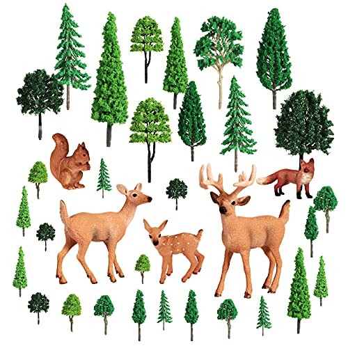 5 Juguetes de Figuras de Animales de Bosque y 30 Modelos Mixtos de 1,18-6,30 Pulgadas Árbol en Miniatura Accesorios para Cumpleaños, Toppers de Tartas Decoración de Mesa, Navidad